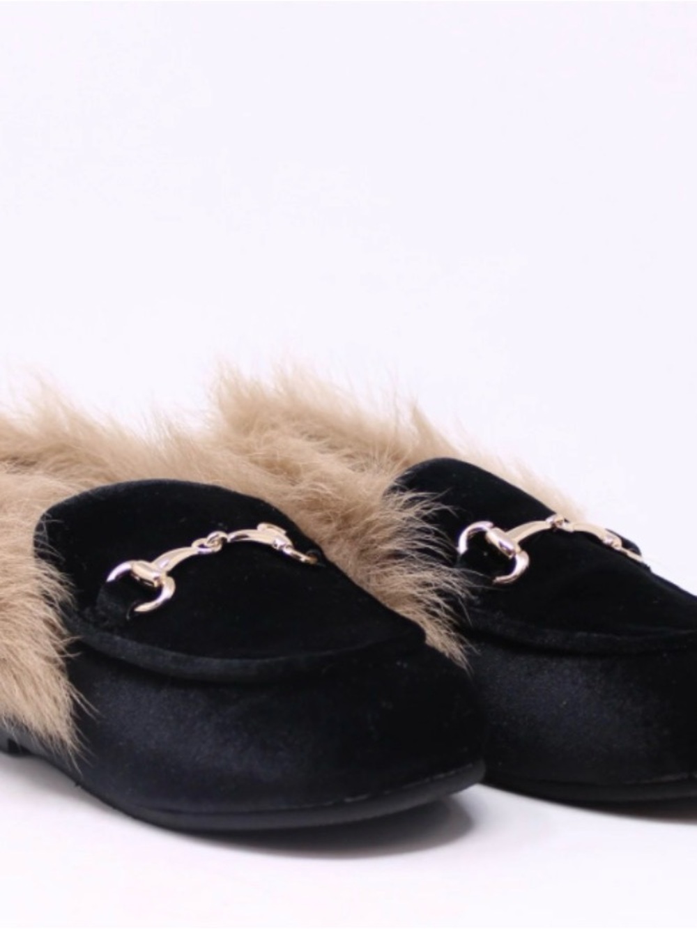 ✨ Kids Black Velvet Faux Fur Loafers – Size 12 (Gucci Inspired) ✨